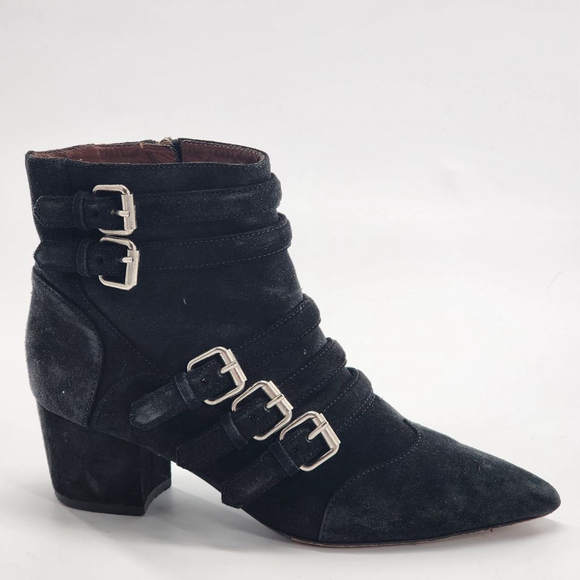 TABITHA SIMMONS BLACK POINTED TOE SUEDE BOOTIES BUCKLE DETAIL SIZE 37 - Picture 3 of 8